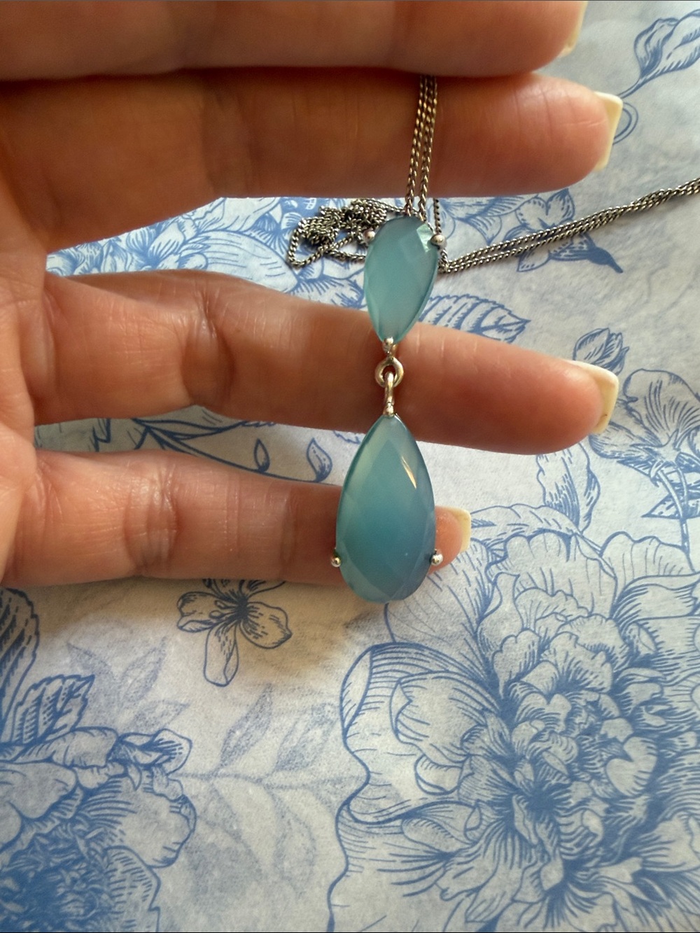 925 Blue Chalcedony Double Teardrop Pendant on 18” 925 Silver Chain